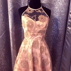 WINDSOR CHAMPAGNE HOMECOMING DRESS W/ GOLD DETAIL